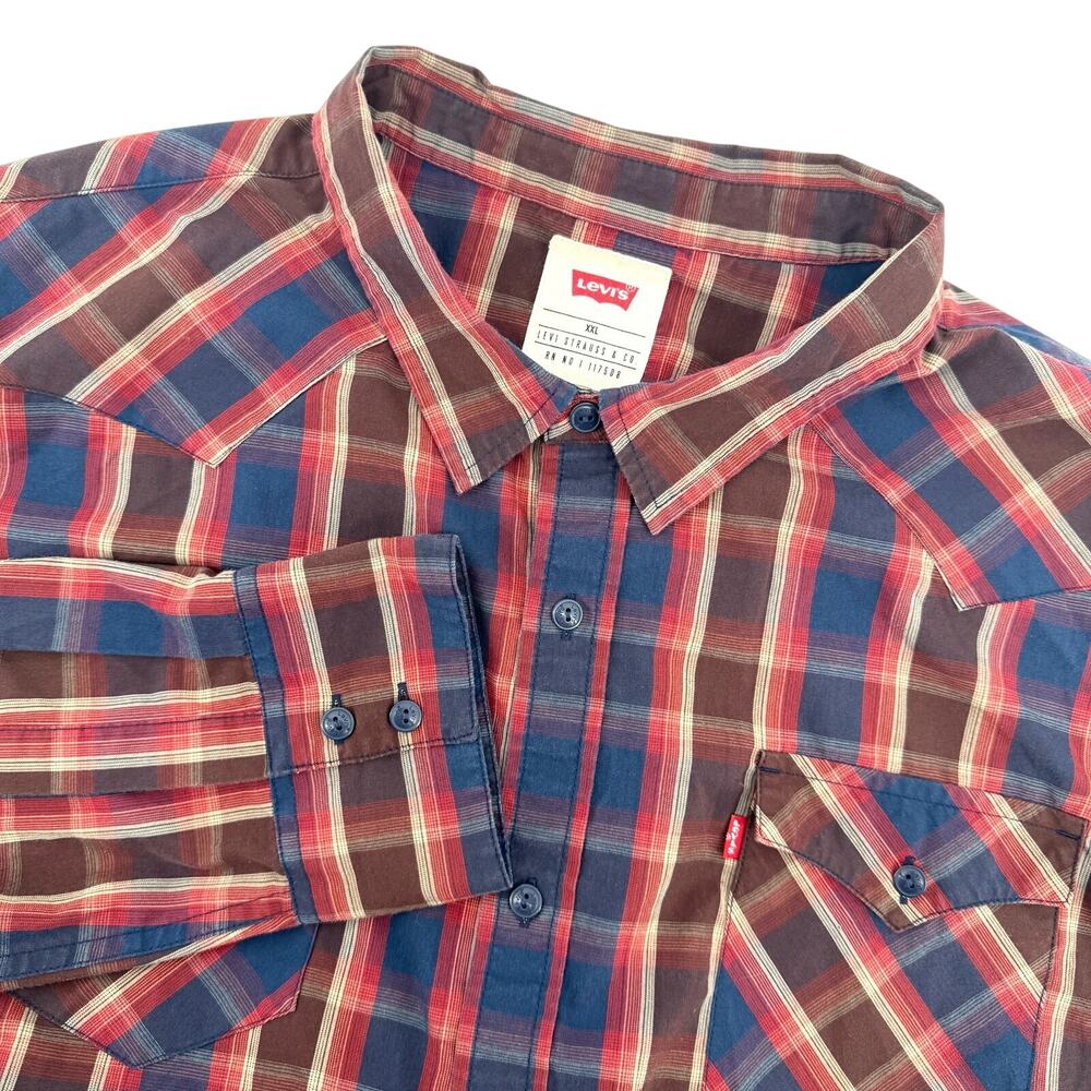 Levi's Plaid Western Men's Button Long Sleeve Cotton Blend Red Blue Shirt-XXL